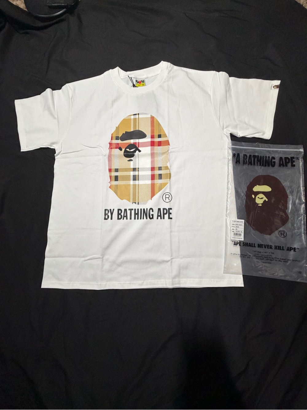 Bape White Tee with Beige Plaid Ape Graphic